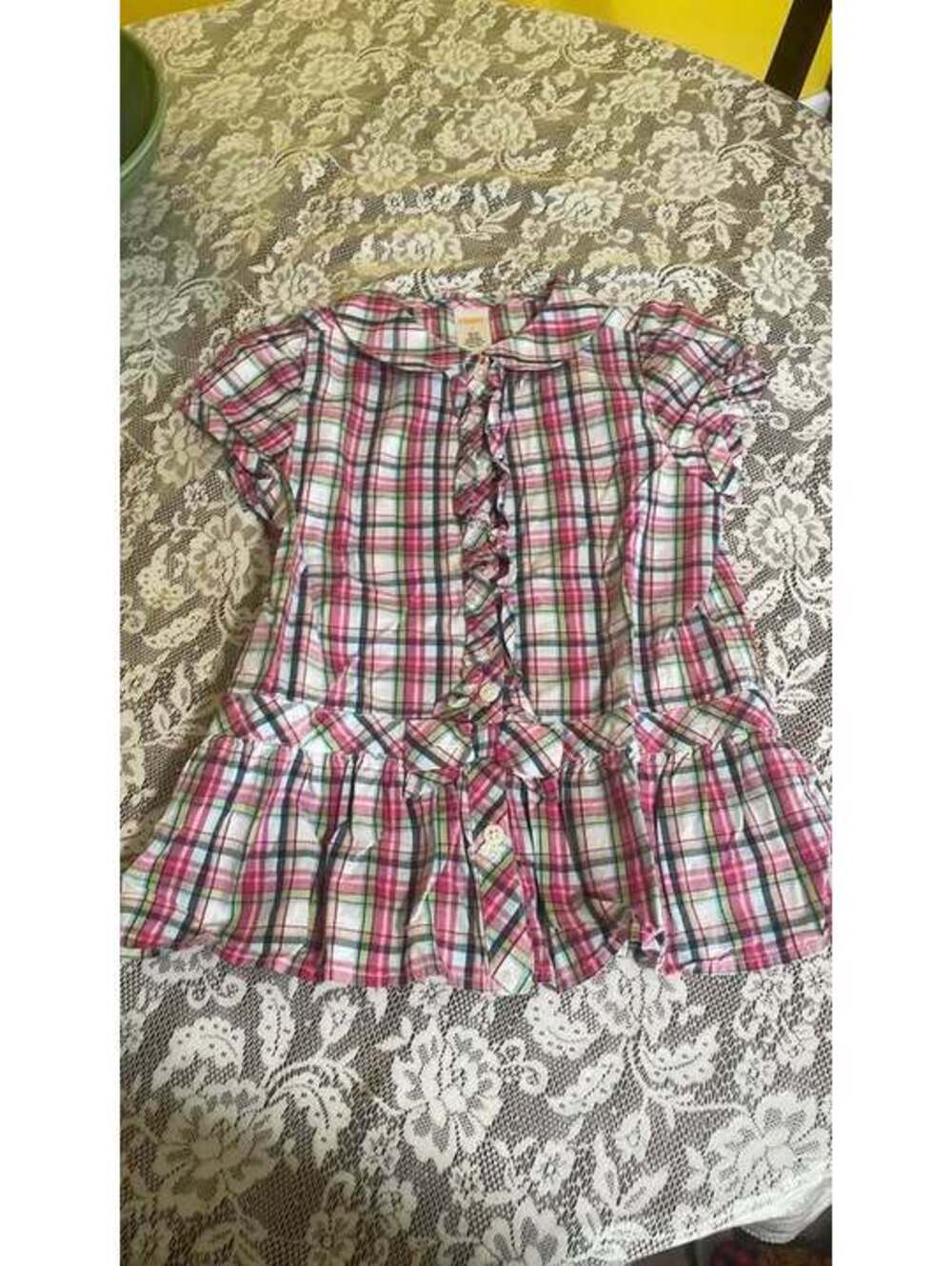 Gymboree Girls Size 7 Pink Plaid Ruffle Button Front Top